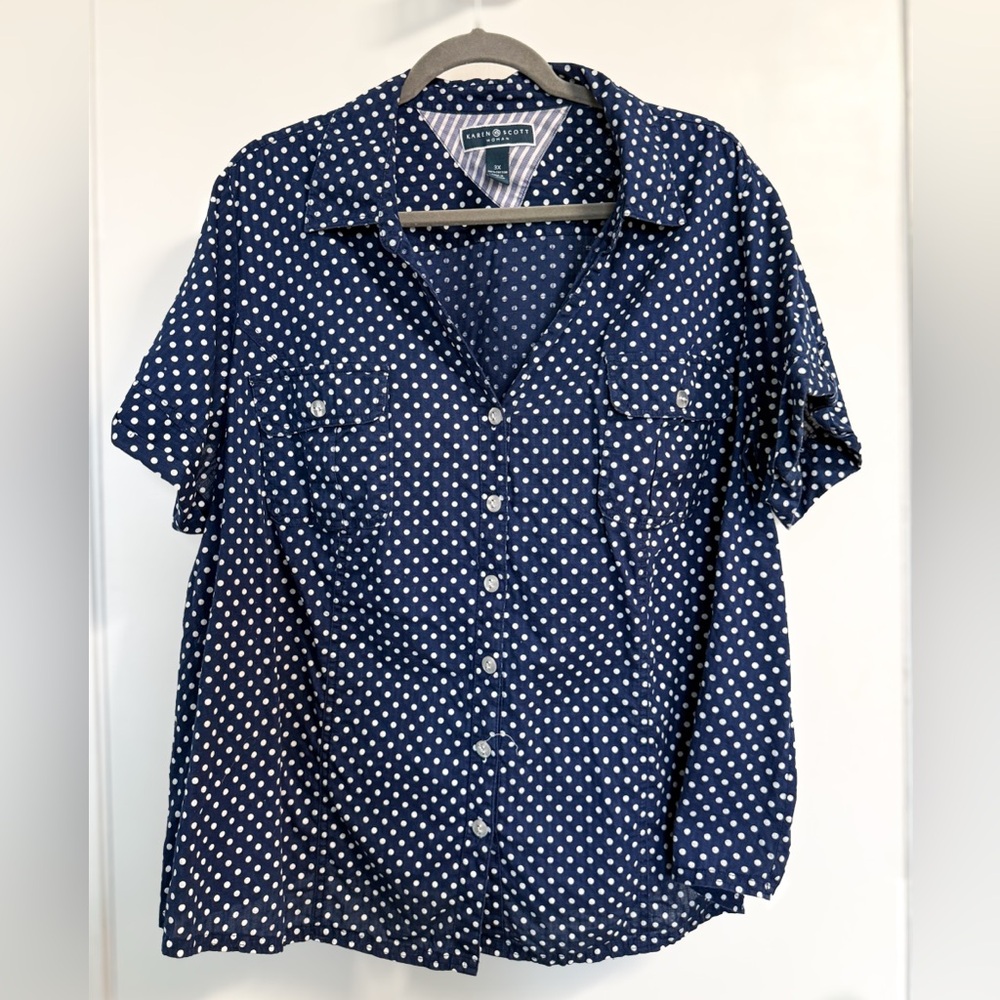 Karen Scott 3X Navy Polka Dot Button Front Blouse Cotton